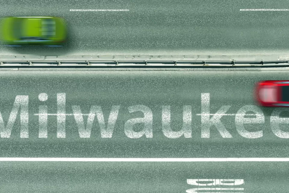 A blurred image shows two cars driving on a road labeled with the word Milwaukee.